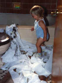 Then they dance in the roll of toilet paper unrolled (all over Penny's head)